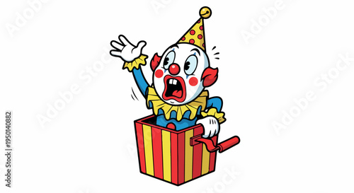 A cartoon clown emerges from a colorful jack-in-the-box with a shocked expression on a plain white background.