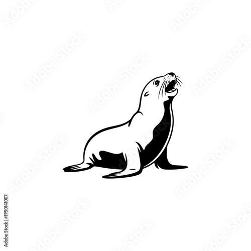 A black and white vector illustration of a sea lion or seal barking. This clean, minimalist marine mammal silhouette is perfect for aquatic-themed logos and mascots.