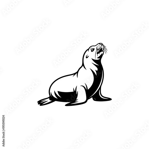 A black and white vector illustration of a sea lion or seal barking. This clean, minimalist marine mammal silhouette is perfect for aquatic-themed logos and mascots.