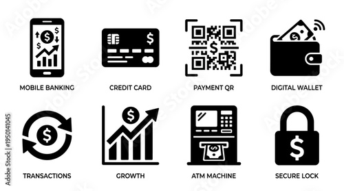 Finance and Banking Vector Illustration – Mobile Banking, Credit Cards, QR Payments, Digital Wallets, Transactions, Growth, ATMs, and Secure Money Icons in Black Silhouette