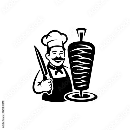 A black and white vector illustration of a cheerful chef with a mustache holding a knife next to a vertical rotisserie grill. Ideal for kebab and shawarma shop logos.