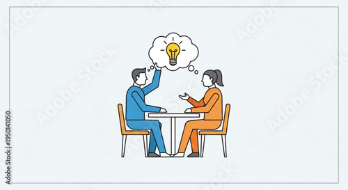 Two business people sitting at a table with a lightbulb idea