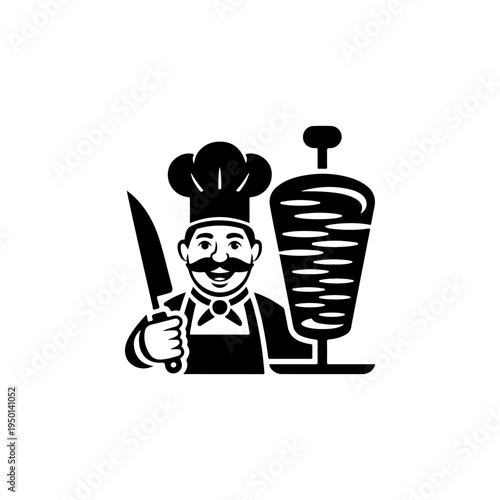 A black and white vector illustration of a cheerful chef with a mustache holding a knife next to a vertical rotisserie grill. Ideal for kebab and shawarma shop logos.