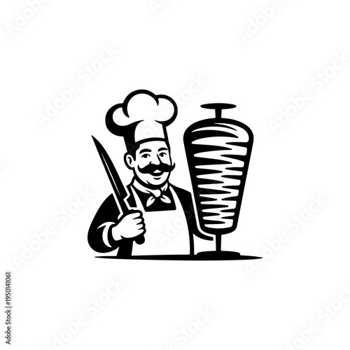 A black and white vector illustration of a cheerful chef with a mustache holding a knife next to a vertical rotisserie grill. Ideal for kebab and shawarma shop logos.