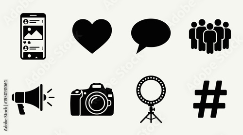 Social Media Vector Illustration – Smartphone Feeds, Likes, Comments, Followers, Megaphones, Cameras, Ring Lights, and Hashtags in Black Silhouette for Marketing and Design Projects