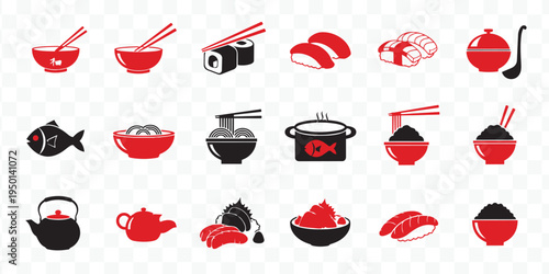 Red and Black Asian Food Icons Vector Set. Sushi, Ramen, Rice Bowls, Teapots, Chopsticks. Japanese Restaurant Menu Design Elements