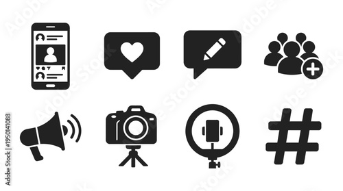 Social Media Vector Illustration – Smartphone Feeds, Likes, Comments, Followers, Megaphones, Cameras, Ring Lights, and Hashtags in Black Silhouette for Marketing and Design Projects