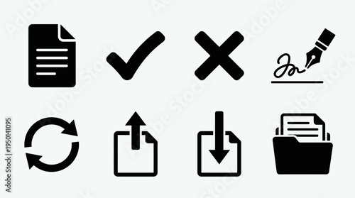 Document Management Vector Illustration – Files, Uploads, Downloads, Signatures, Security, Synchronization, and Organization Icons in Black Silhouette for Digital Workflow and Design Projects