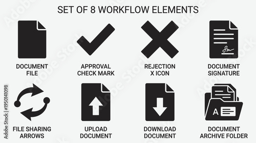 Document Management Vector Illustration – Files, Uploads, Downloads, Signatures, Security, Synchronization, and Organization Icons in Black Silhouette for Digital Workflow and Design Projects
