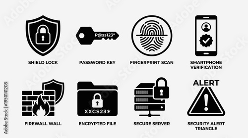 Cybersecurity Vector Illustration – Shields, Passwords, Fingerprints, Firewalls, Encryption, Servers, Alerts, and Verification Icons in Black Silhouette for Digital Security and Design Projects