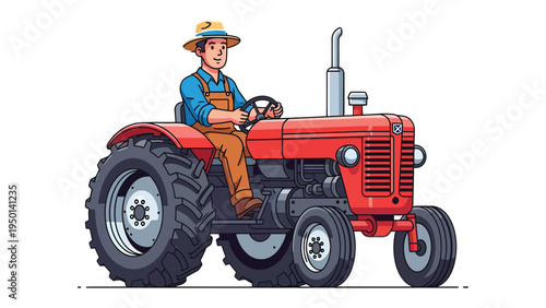 Farm Machinery & Farmer: A farmer drives a vintage red tractor through the fields, embodying agricultural work and rural life. 