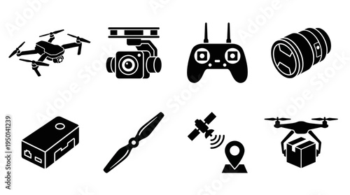 Drone Technology Vector Illustration – Quadcopters, Cameras, Controllers, GPS, Propellers, Batteries, and Delivery Systems in Black Silhouette for Educational, Tech, and Graphic Design Projects