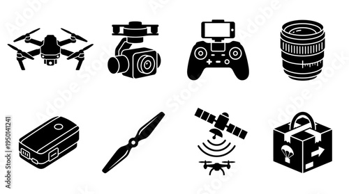Drone Technology Vector Illustration – Quadcopters, Cameras, Controllers, GPS, Propellers, Batteries, and Delivery Systems in Black Silhouette for Educational, Tech, and Graphic Design Projects