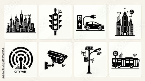 Smart City Vector Illustration – Urban Infrastructure, Traffic Systems, Electric Cars, Smart Buildings, Networks, Security, Lighting, and Public Transport Silhouettes in Black for Design Projects