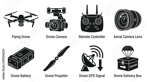 Drone Technology Vector Illustration – Quadcopters, Cameras, Controllers, GPS, Propellers, Batteries, and Delivery Systems in Black Silhouette for Educational, Tech, and Graphic Design Projects