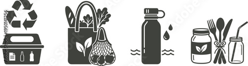 Professional Zero Waste Lifestyle Icon Set Featuring Recycling Bin Reusable Grocery Bags Water Bottle and Eco-friendly Kitchenware Silhouettes