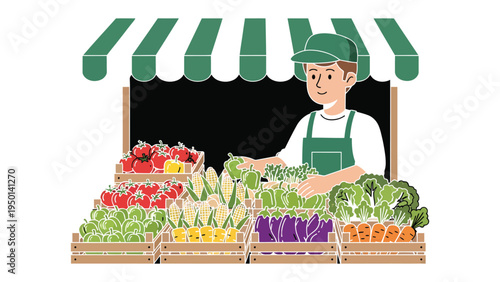Fresh Produce Display: An illustration of a vendor at a bustling outdoor market, showcasing an array of fresh and vibrant produce.