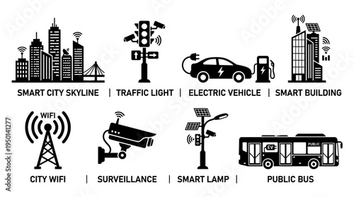 Smart City Vector Illustration – Urban Infrastructure, Traffic Systems, Electric Cars, Smart Buildings, Networks, Security, Lighting, and Public Transport Silhouettes in Black for Design Projects