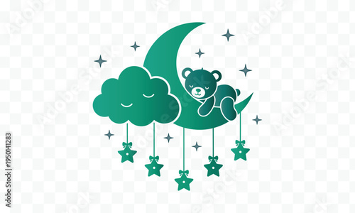 Sweet Dreams Baby Bear Sleeping on Crescent Moon with Cloud and Stars Adorable Nursery Vector Illustration