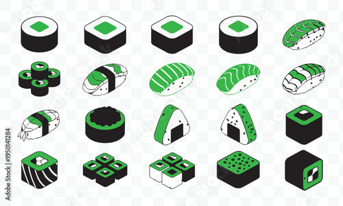 Vibrant Isometric Sushi and Japanese Food Vector Icon Set. Diverse Maki, Nigiri and Onigiri Collection for Menus, Apps and Design