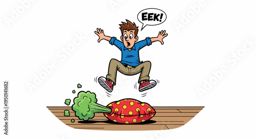 Cartoon man jumping away from a broccoli and a red mushroom on a wooden floor with a shocked expression.