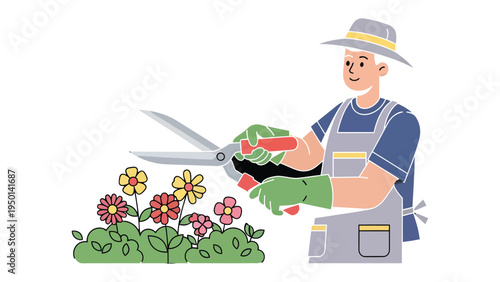 Blooming Gardener: A serene gardener, with skillful hands, lovingly trims vibrant flowers in a colorful garden. His dedication reveals the art of nurturing life and celebrating the splendor of nature.