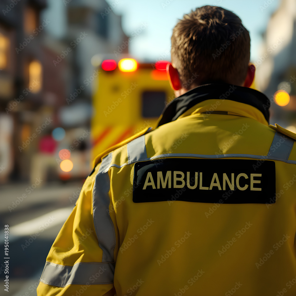 Fototapeta premium Paramedic standing near ambulance in urban setting
