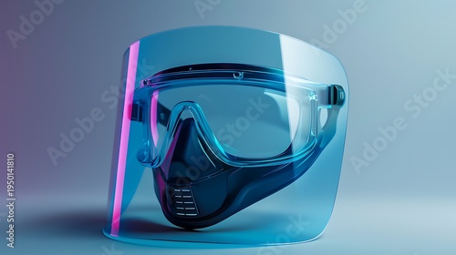 Futuristic safety face shield, protective eyewear, digital rendering, neon lighting, conceptual design