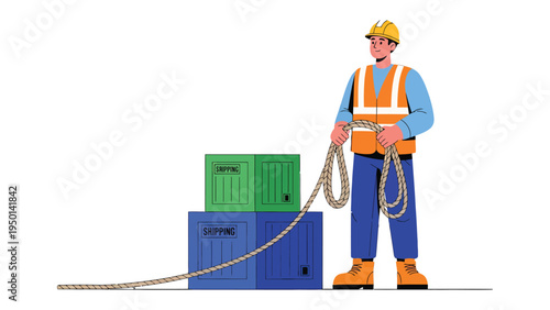 Construction worker preparing to move cargo: A focused construction worker prepares to move a pile of cargo using a sturdy rope.