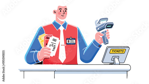 Ticket Seller at Work: A ticket seller stands at a counter, ready to scan tickets with a handheld scanner. The scene is of service with clear communication of transaction.