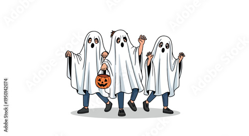Three cartoon ghosts wearing jeans and black shoes, one holding a jack-o-lantern bucket, on a white background with a playful and spooky mood.