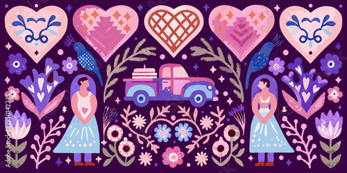 A colorful folk art scene depicting love flowers and a vintage car