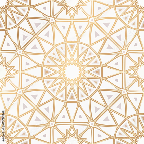Elegant Islamic pattern with complex eight-point star geometry, gold and cream tones, refined ornamental design, inspired by traditional Islamic architecture