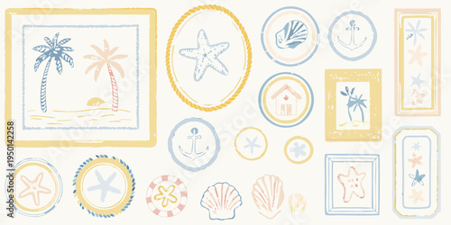 Coastal themed illustrations arranged in various pastel colored frames