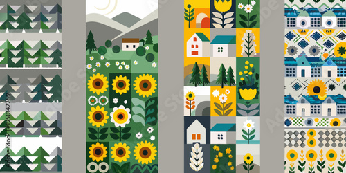 A series of colorful patterned panels depicting various landscapes and flora