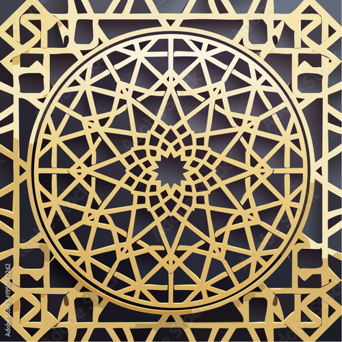 Elegant Islamic pattern with complex eight-point star geometry, gold and cream tones, refined ornamental design, inspired by traditional Islamic architecture