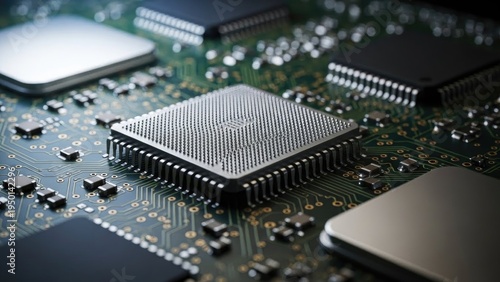 Detailed close-up of a green circuit board with embedded silver chips
