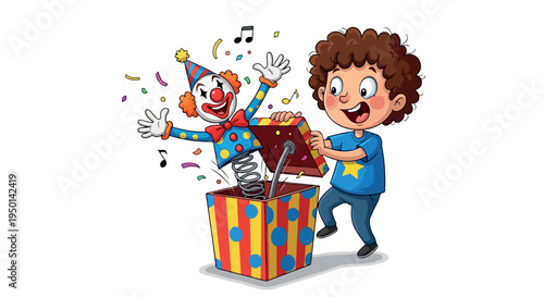Cartoon boy opening a colorful gift box with a joyful clown popping out surrounded by confetti against a clean white background.