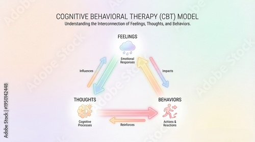 CBT infographic explains feelings thoughts behaviors. CBT model maps feedback links between emotional responses, cognitive processes, actions, reactions for psychology education, counseling materials
