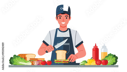 Culinary Creation: A skilled individual meticulously prepares a delicious sandwich, artfully slicing bread and arranging fresh ingredients, showcasing culinary expertise.