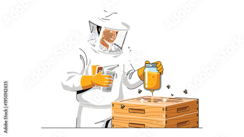 Beekeeper's Harvest: An illustrated beekeeper, donned in protective gear, carefully extracts golden honey from a hive, symbolizing the dedication and labor of apiculture.