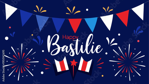Bastille Day banner with fireworks and flags vector