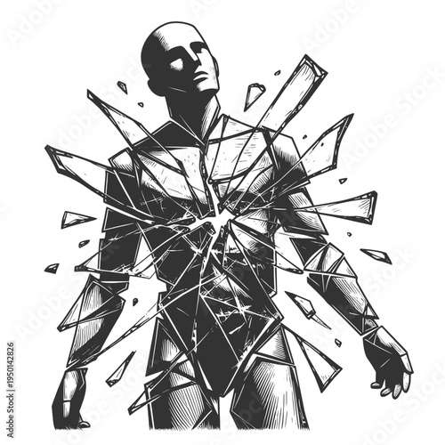 human body breaking apart into sharp glass shards, emotional breakdown, trauma, identity collapse, and psychological crisis sketch engraving generative ai vector illustration. Black and white image.