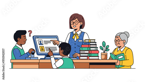 Library Interaction: A friendly librarian assists a diverse group of patrons in a warm library setting, helping them navigate resources and information.