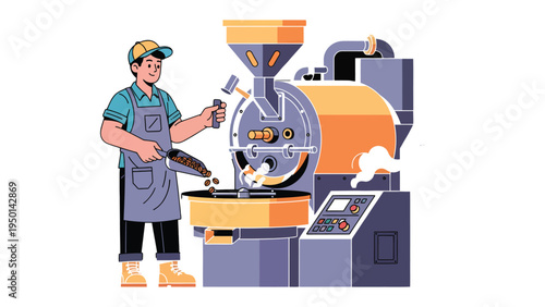 Crafting Coffee Excellence: A skilled artisan meticulously attends to the roasting process, overseeing the transformation of raw beans into aromatic perfection.