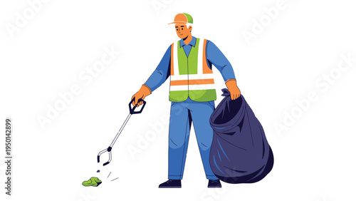 Community Cleanup: A dedicated sanitation worker, clad in high-visibility attire, diligently gathers litter with a grabber and bag, contributing to a cleaner environment.