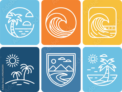 beach vector icons tropical island sand surf travel emblem set