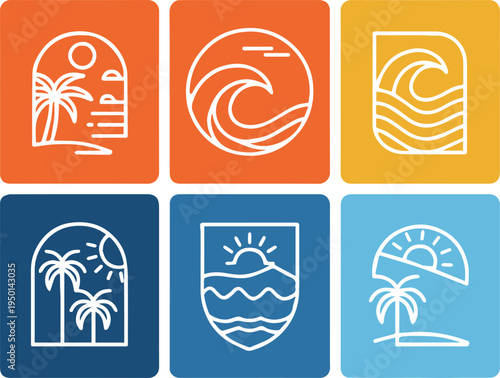 beach badge collection palm sunset sea minimal graphic symbols