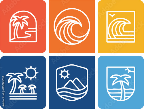 beach icon set palm wave sun island coastal vector illustrations