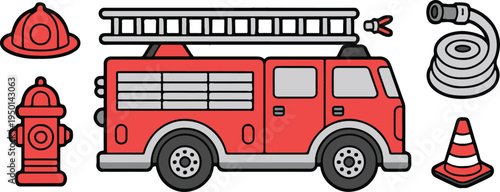 fire truck flat cartoon icon clipart safety rescue vector